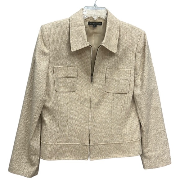 ANTONIO MELANI Jackets & Blazers - Antonio Melani Womens Size 12 Wool Silk Blend Herringbone Tan Cream Lined Jacket